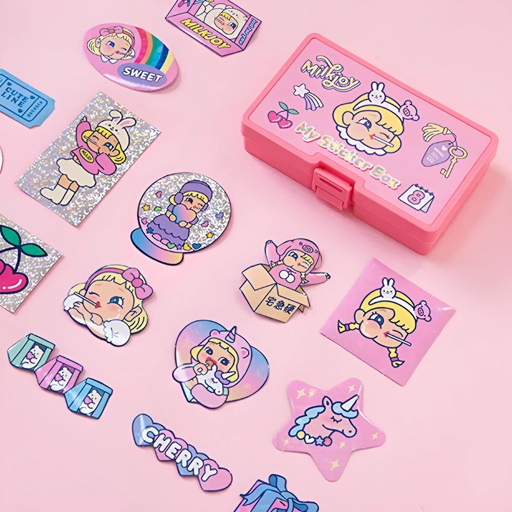 Korean cartoon sticker set showing square PVC designs with storage box