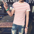 Men's round neck T-shirt in milk silk fabric, shown in white, red, black, and black and white colour options.
