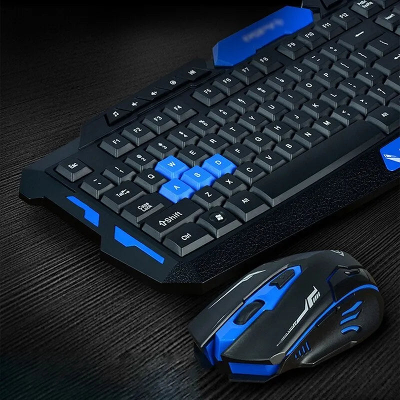 HK8100 2.4G wireless gaming keyboard mouse combo in black and blue with ergonomic design and waterproof feature