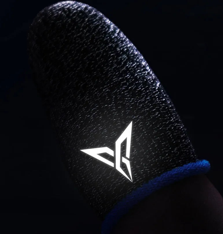 Green gaming thumb sleeve with 3M reflective logo, made from silver fibre yarn for sweat absorption.