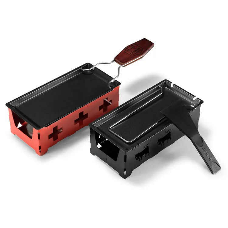 Mini non-stick carbon steel grill plate with candle holder set, 18.5cm x 9cm x 6cm, wooden handle baking tray style