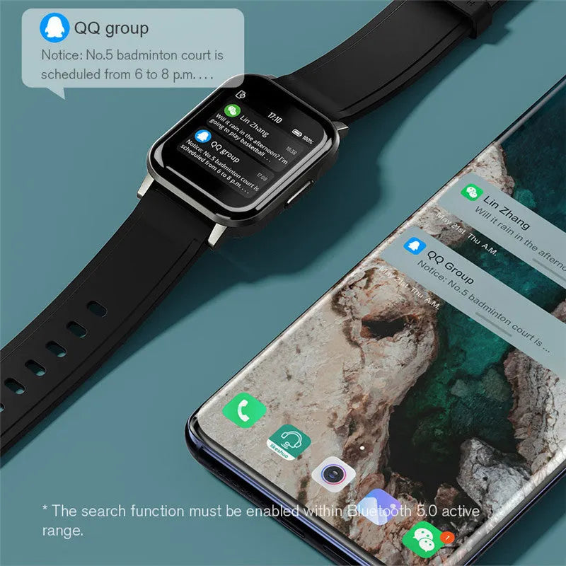 Black waterproof smart bracelet with touchscreen showing heart rate data on a silicone strap