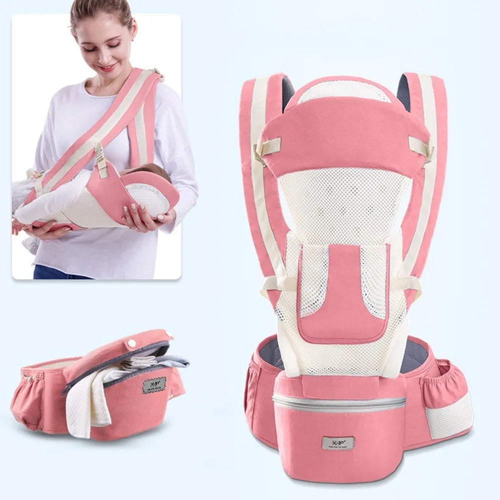 Baby waist stool carrier in blue with breathable mesh, adjustable waistband 71-110cm, cotton fabric