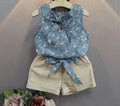 Floral khaki blue sleeveless bow vest and shorts set for girls on white background