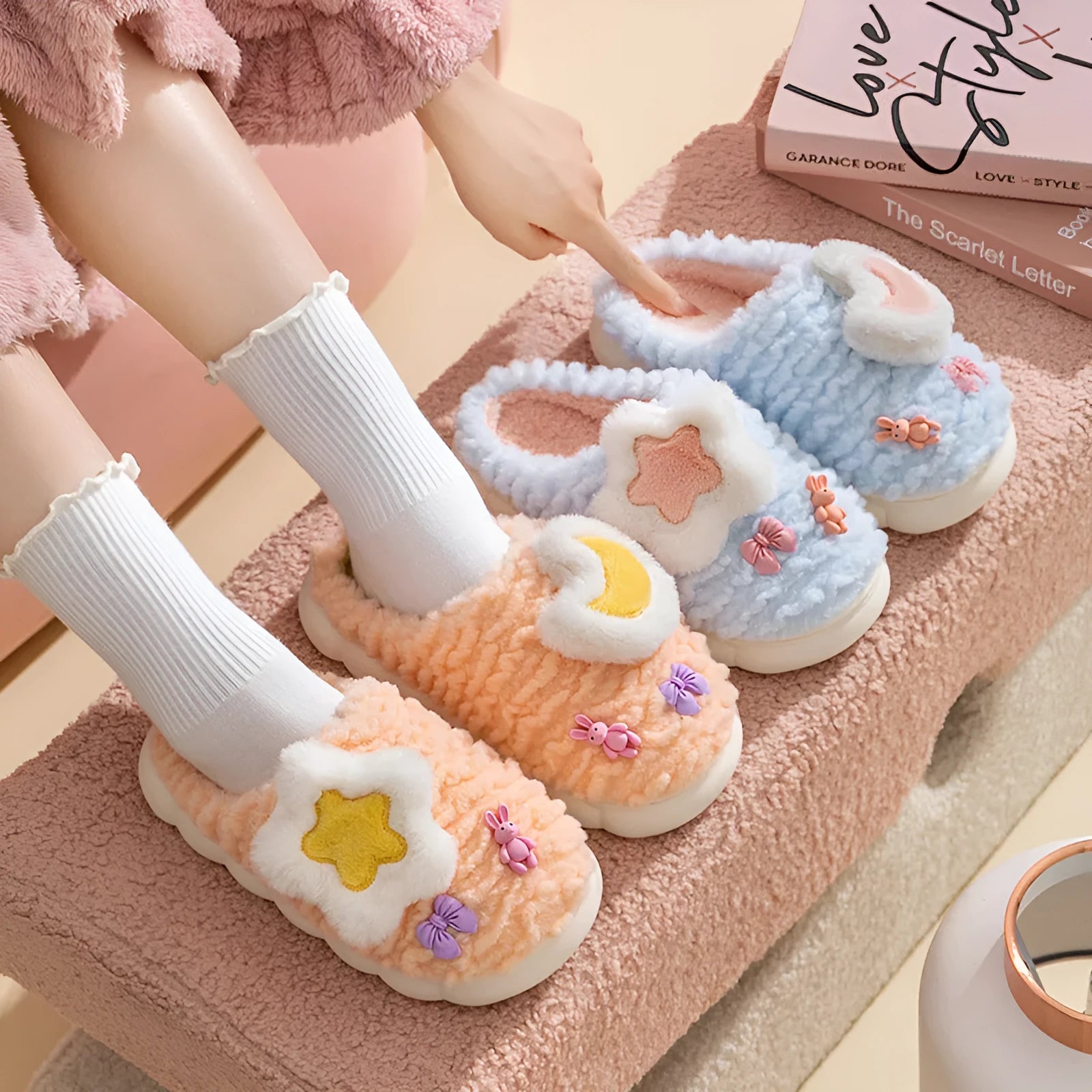 Women's light blue fleece-lined plush home slippers with round heel and PVC sole.
