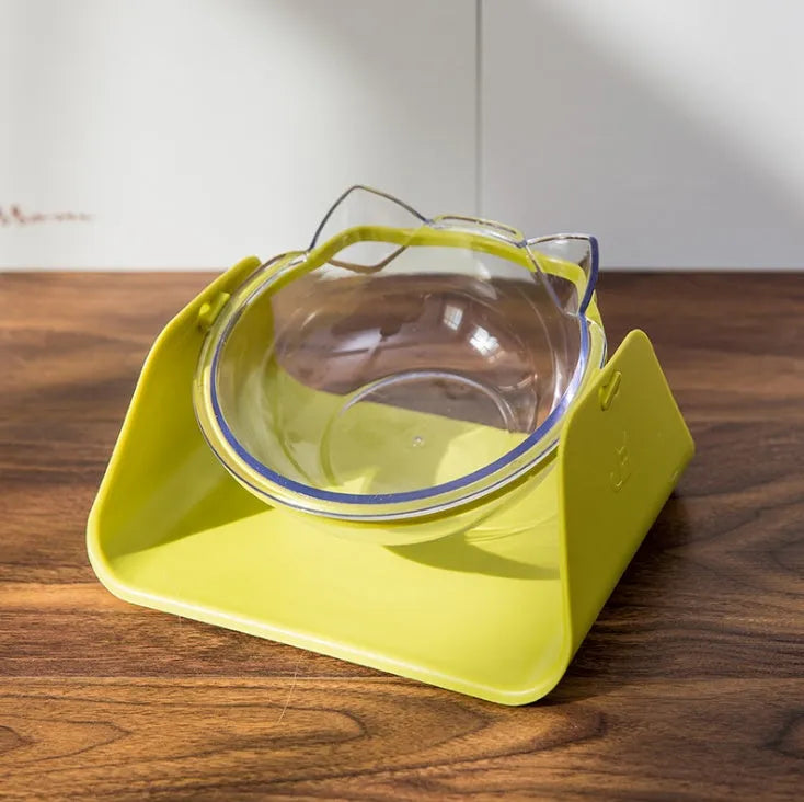 Protective cervical cat bowl in plastic with beveled sloped design, available in blue pink black white and yellow