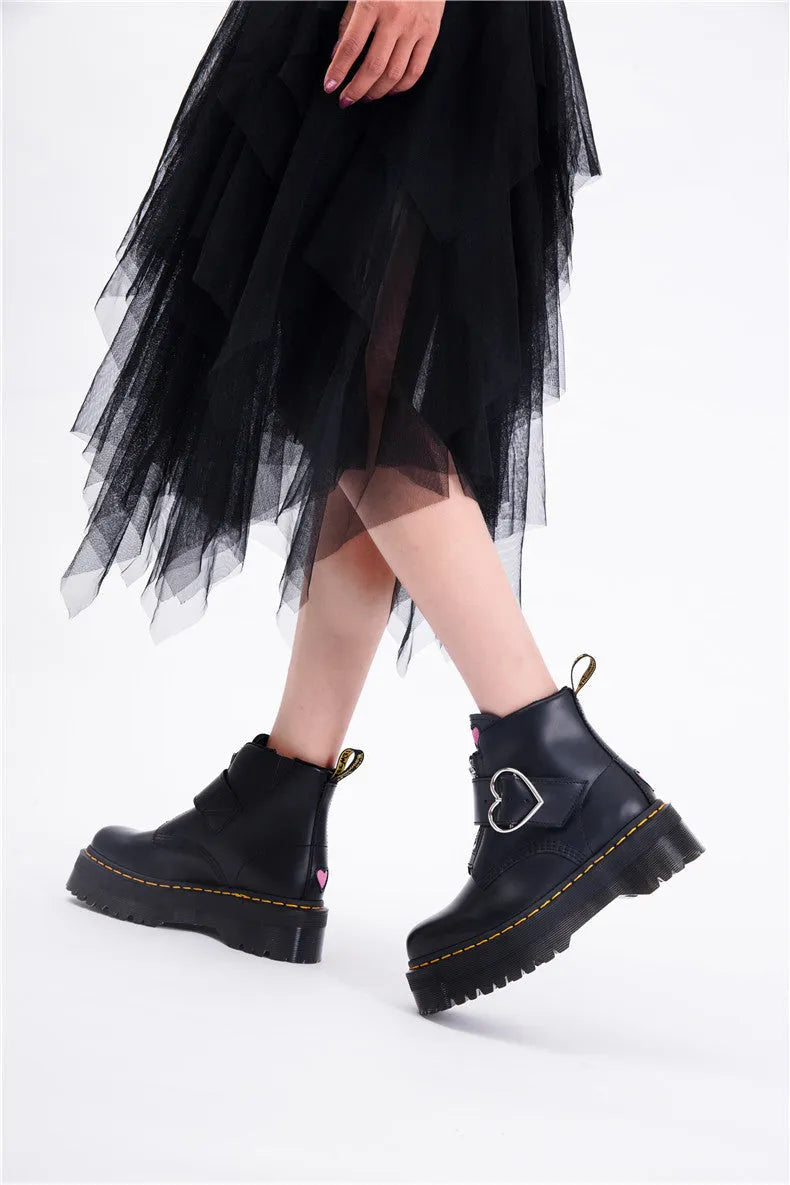 Women's black leather Martin ankle boots with side zipper, thick heel, belt buckle and waterproof platform