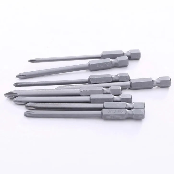 Eight magnetic long Phillips head screwdriver bits with hex shanks on a grey background.