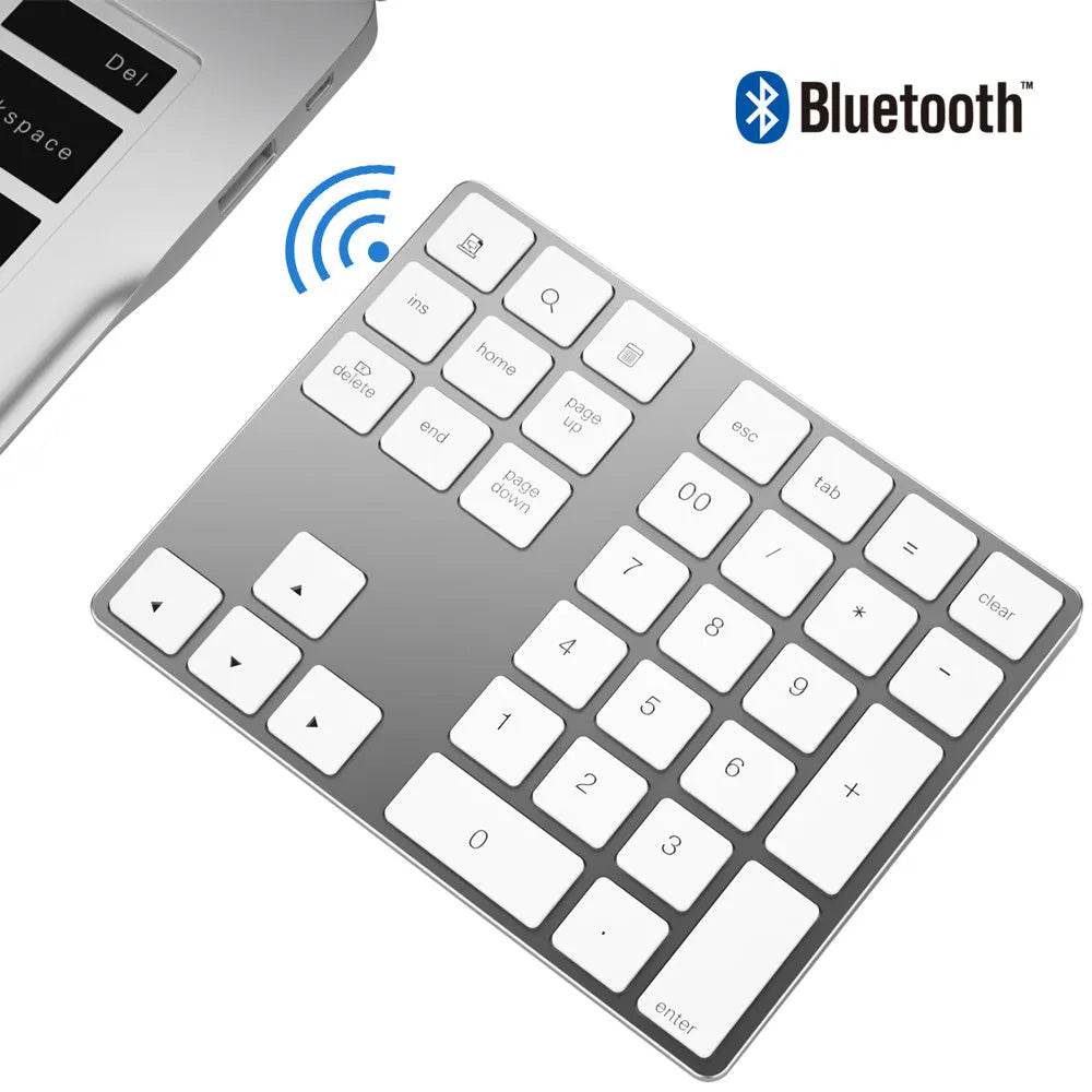 Aluminium Bluetooth numeric keypad with 34 keys in black and silver colour options