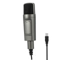 USB condenser microphone in black with omnidirectional pickup for desktop live recording and streaming