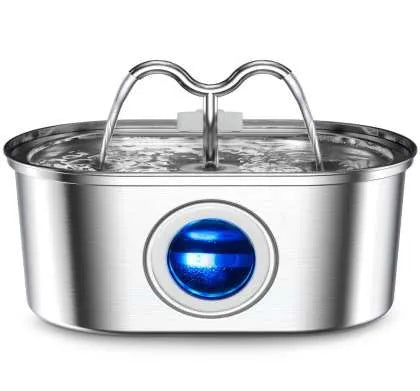 Stainless steel round pet water dispenser with large reservoir and selectable faucet attachment