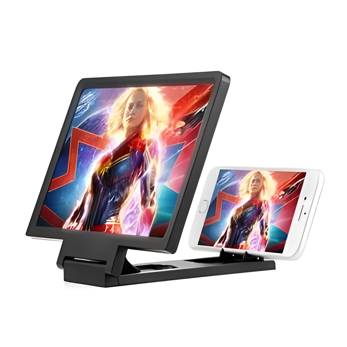 Portable screen amplifier for smartphones with 18cm by 12cm viewing area in black and white colour options