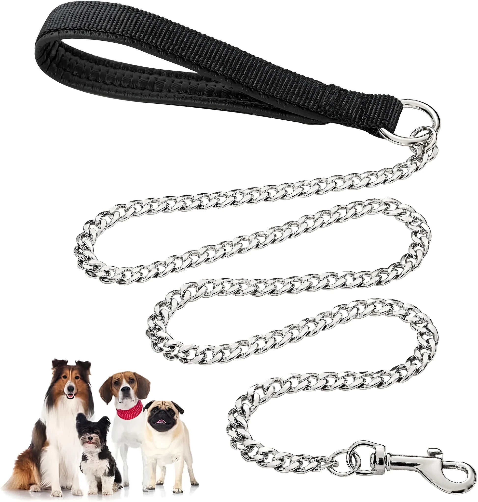 Heavy duty metal dog leash with chew-proof chain and soft black padded handle on a concrete background.
