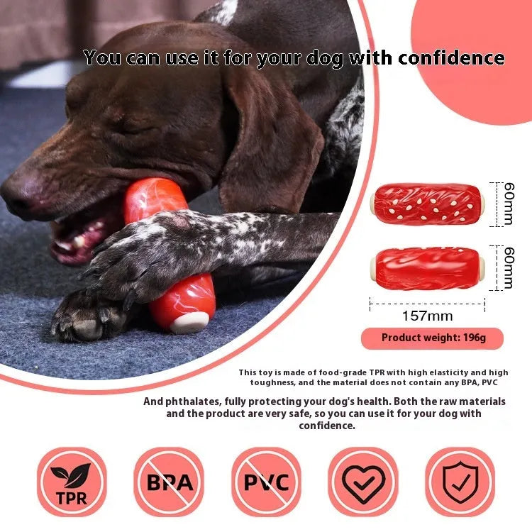 Primary coloured plastic Molar Rod dog chew toy with textured surface and hollow treat-dispensing centre.