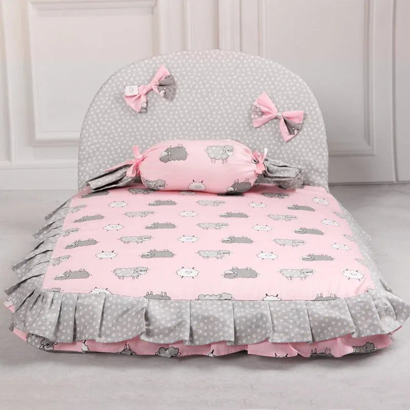 Creative square dog mat in pink, pure cotton with silk cotton fill, size L, on floor