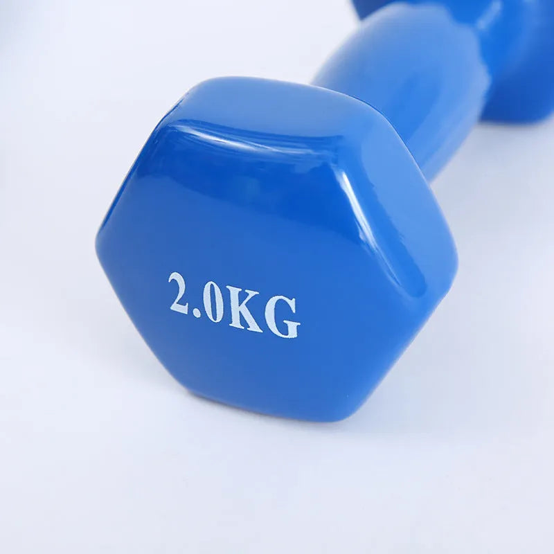 Colourful plastic-coated fitness dumbbells in bright colours showing 0.5kg, 1kg and 1.5kg weight options