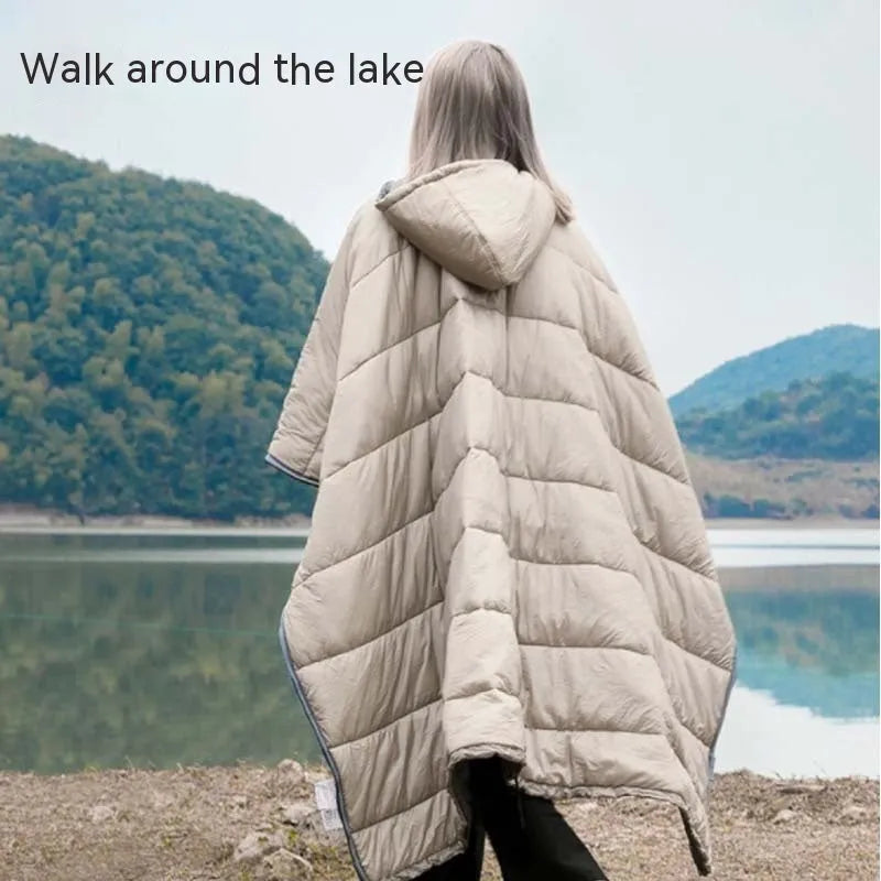 Army Green outdoor cloak sleeping bag worn as cape with 200x140cm dimensions and hollow cotton insulation