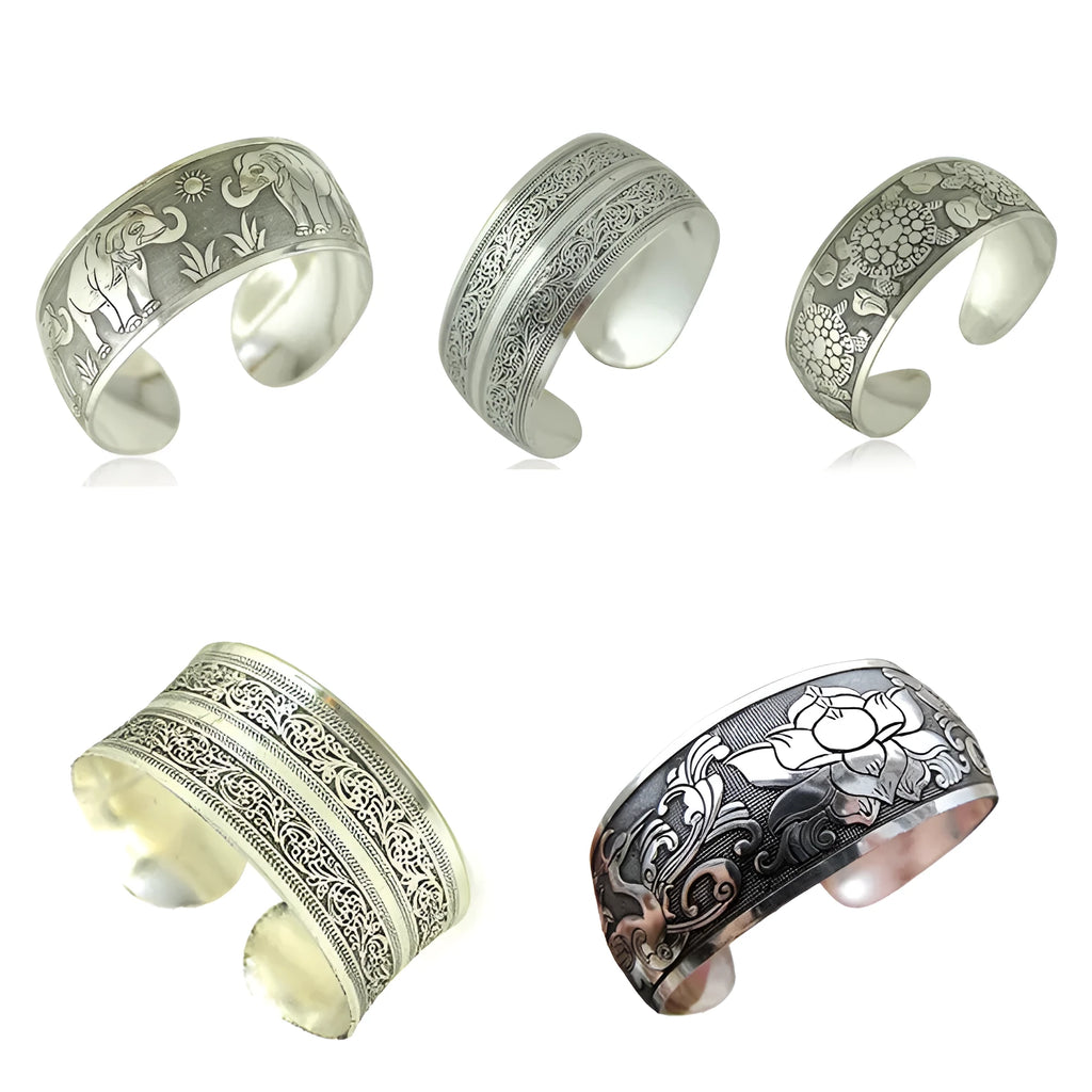 Ethnic Miao style carved open silver tone alloy bracelet with Roman shape design