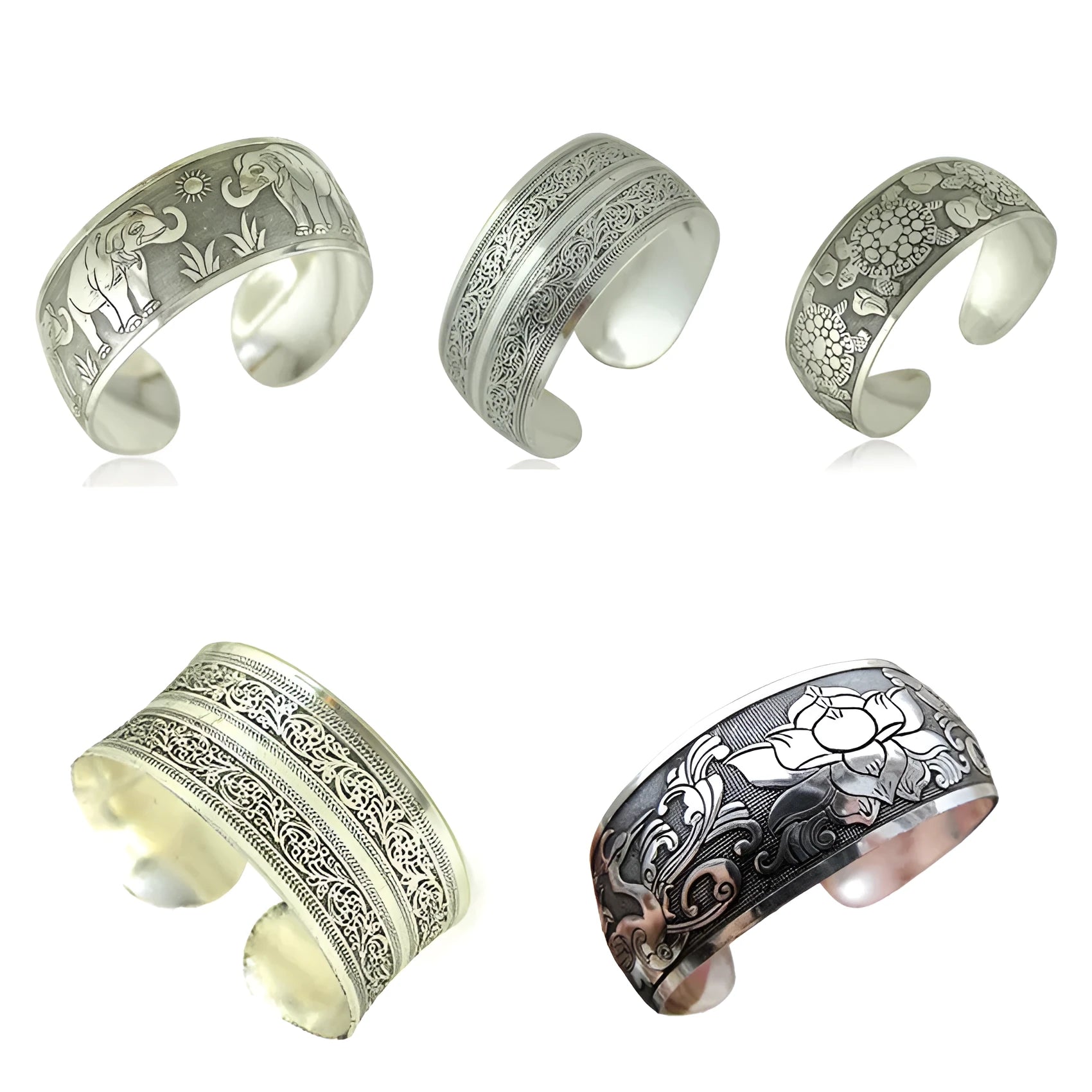 Ethnic Miao style carved open silver tone alloy bracelet with Roman shape design