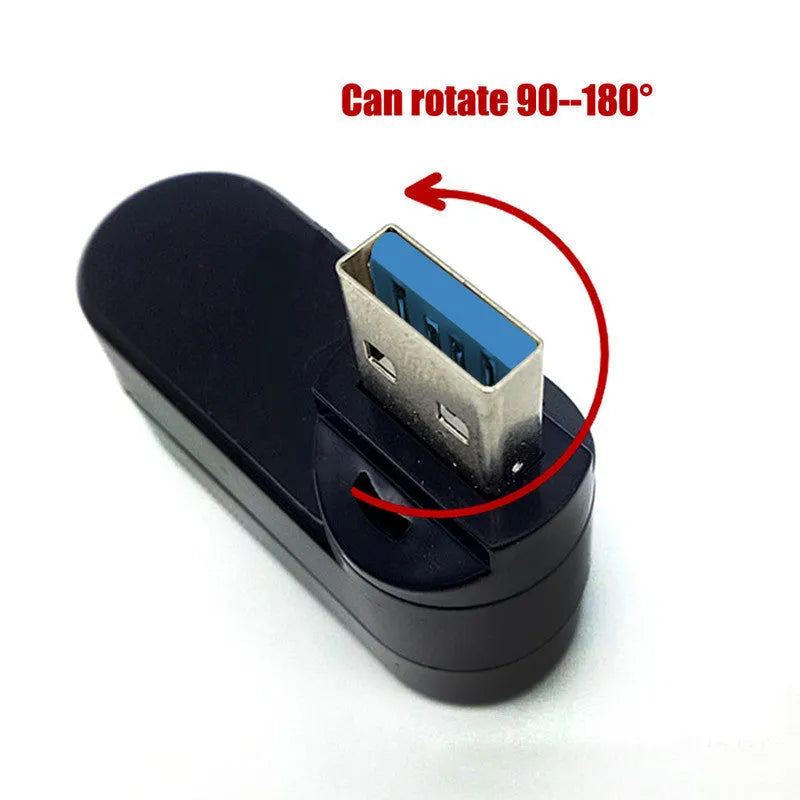 Black 4-port USB 3.0 rotary hub splitter on a white background showing its compact size.