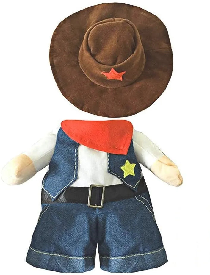 Dark blue pet denim cowboy costume with jacket and hat for cats and dogs, sizes S to XL.