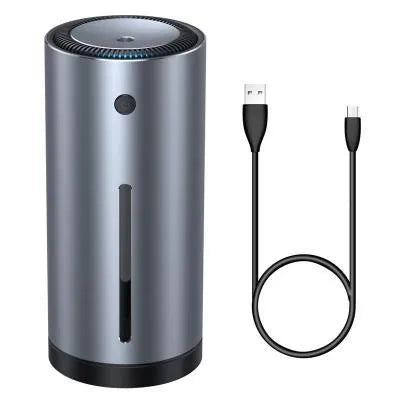 Black aluminium alloy car diffuser humidifier with USB cable for air purification and aromatherapy.