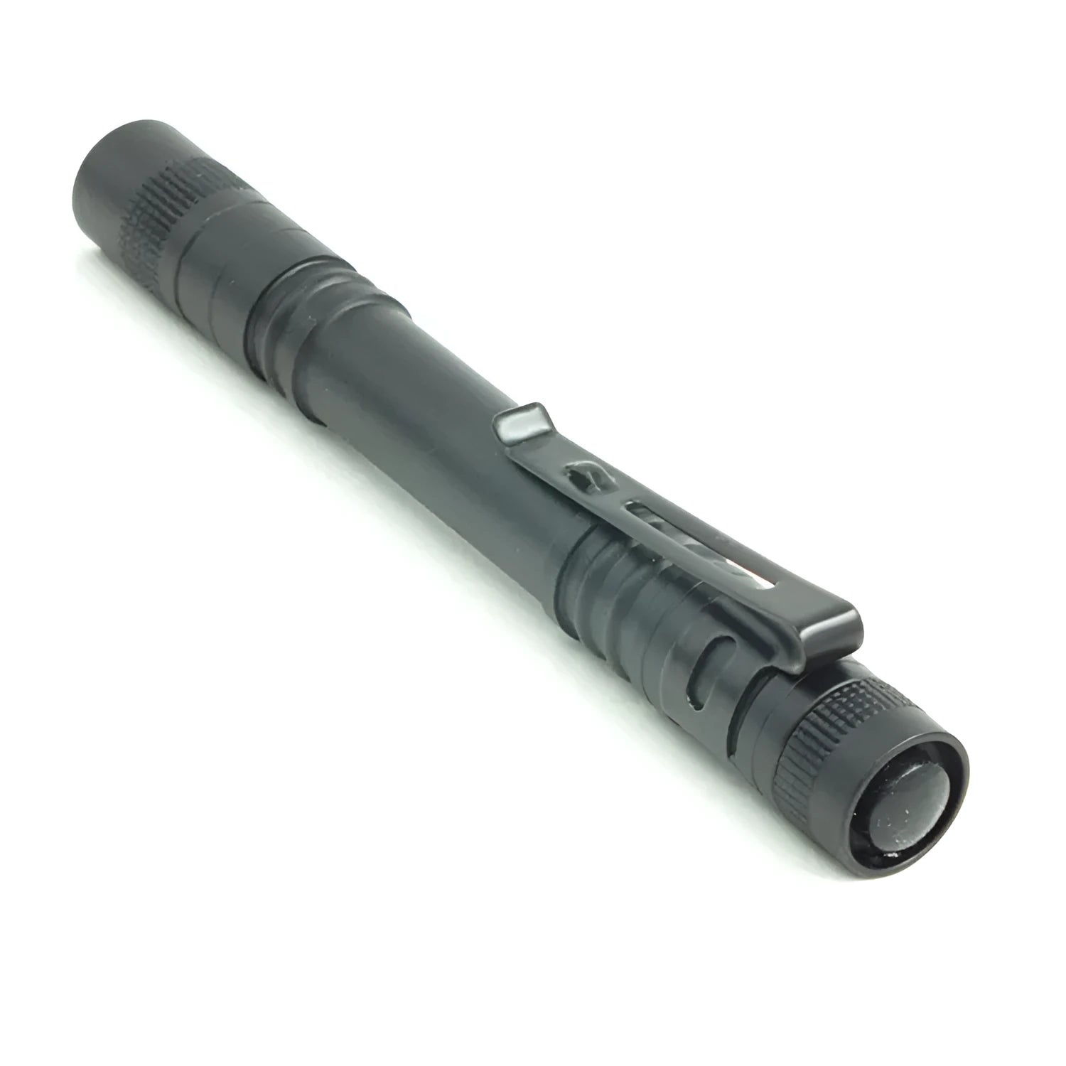 Black compact LED flashlight with an AA battery, beam range 50-100m for daily carry and emergencies.
