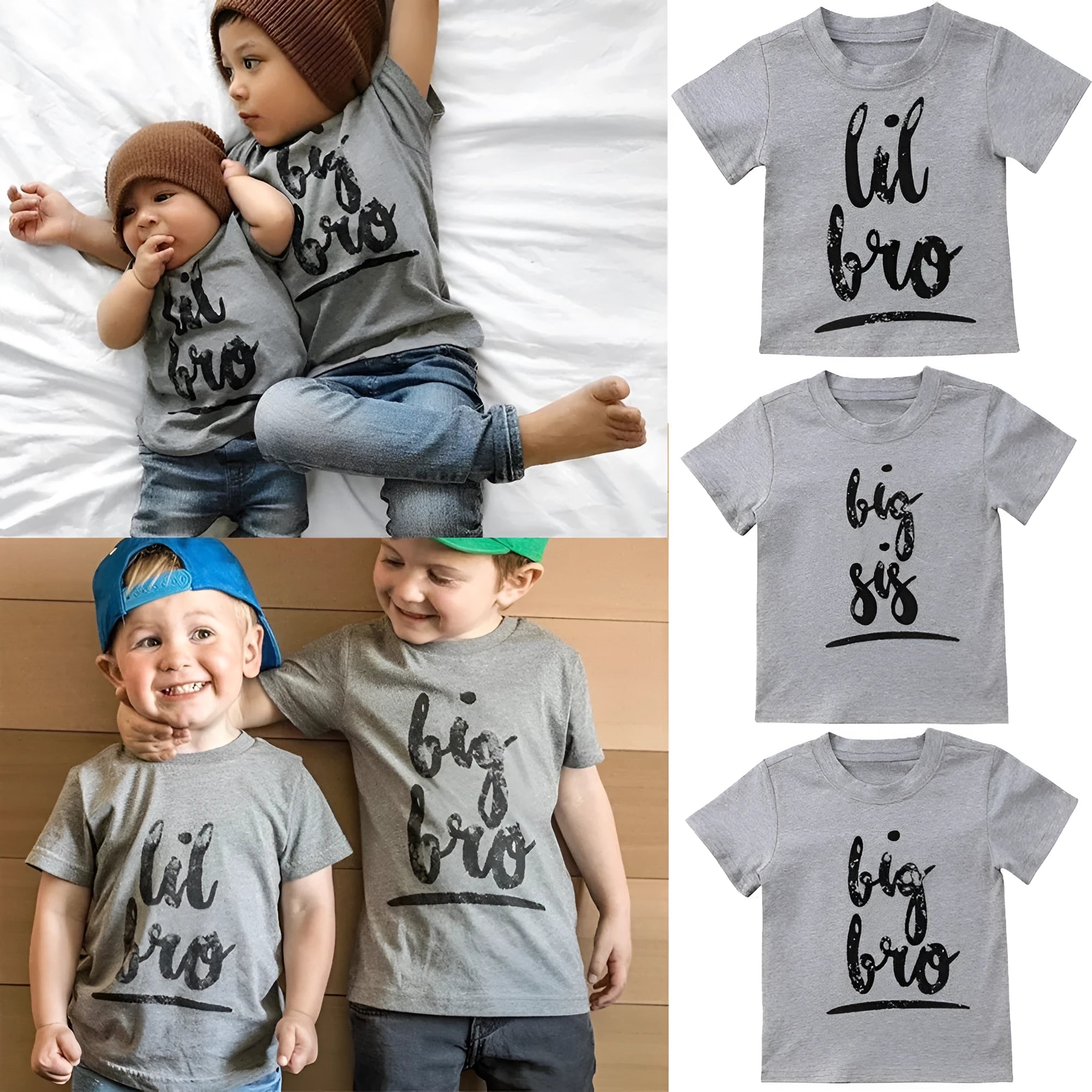 Grey children's cotton t-shirt with brother, sister, or little brother text print.