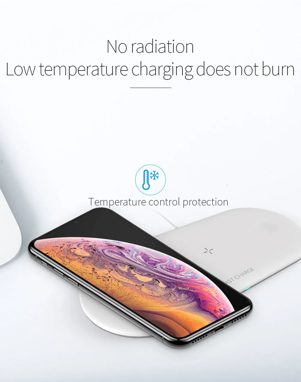 Black three-in-one wireless charging station for Apple mobile phone, iWatch and headphones on desktop