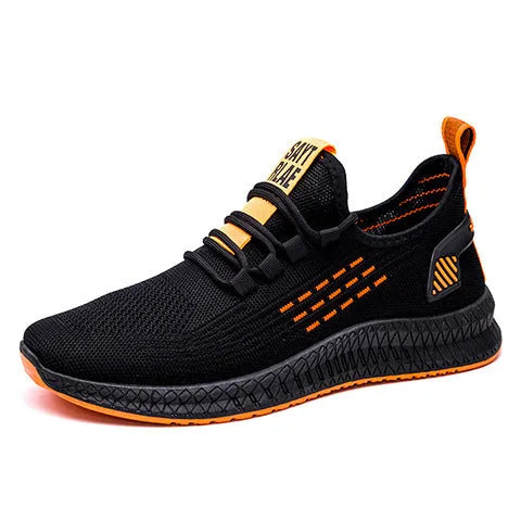 Men's black casual sports shoes with flying three-bar design and cross straps showing round toe and low-top silhouette