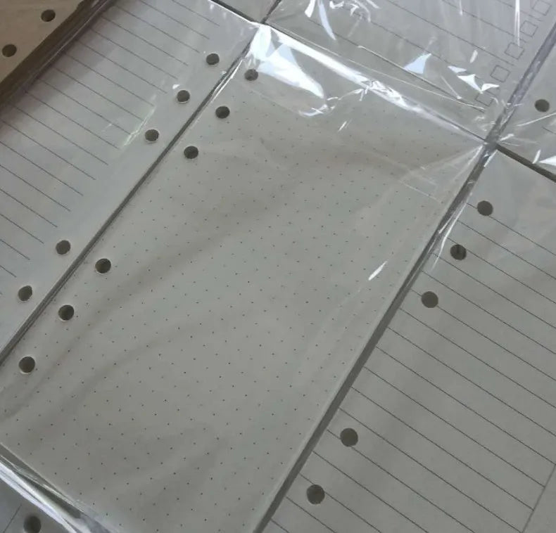 A5 notebook refill paper insert showing dot grid and weekly planner page styles.