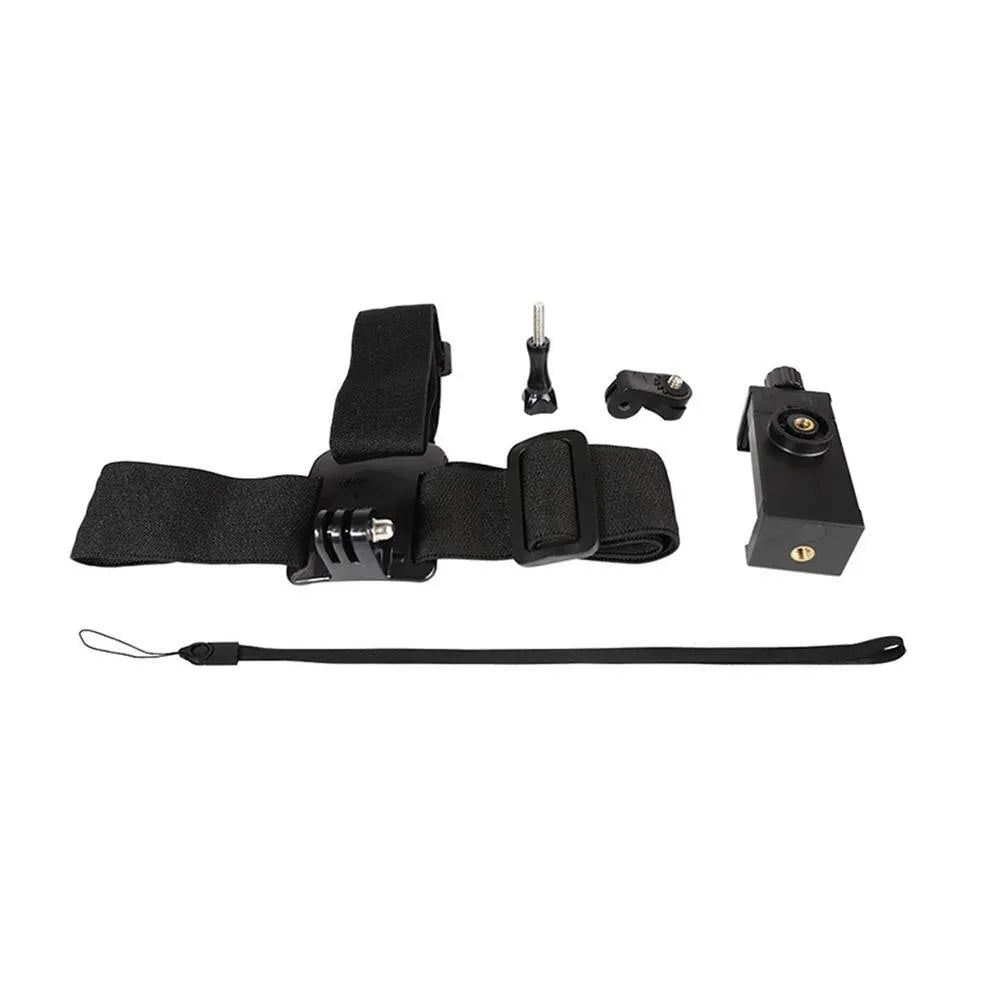 Head-mounted phone holder with screws showing adjustable angle and stretch nylon strap on a black background