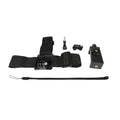 Head-mounted phone holder with screws showing adjustable angle and stretch nylon strap on a black background