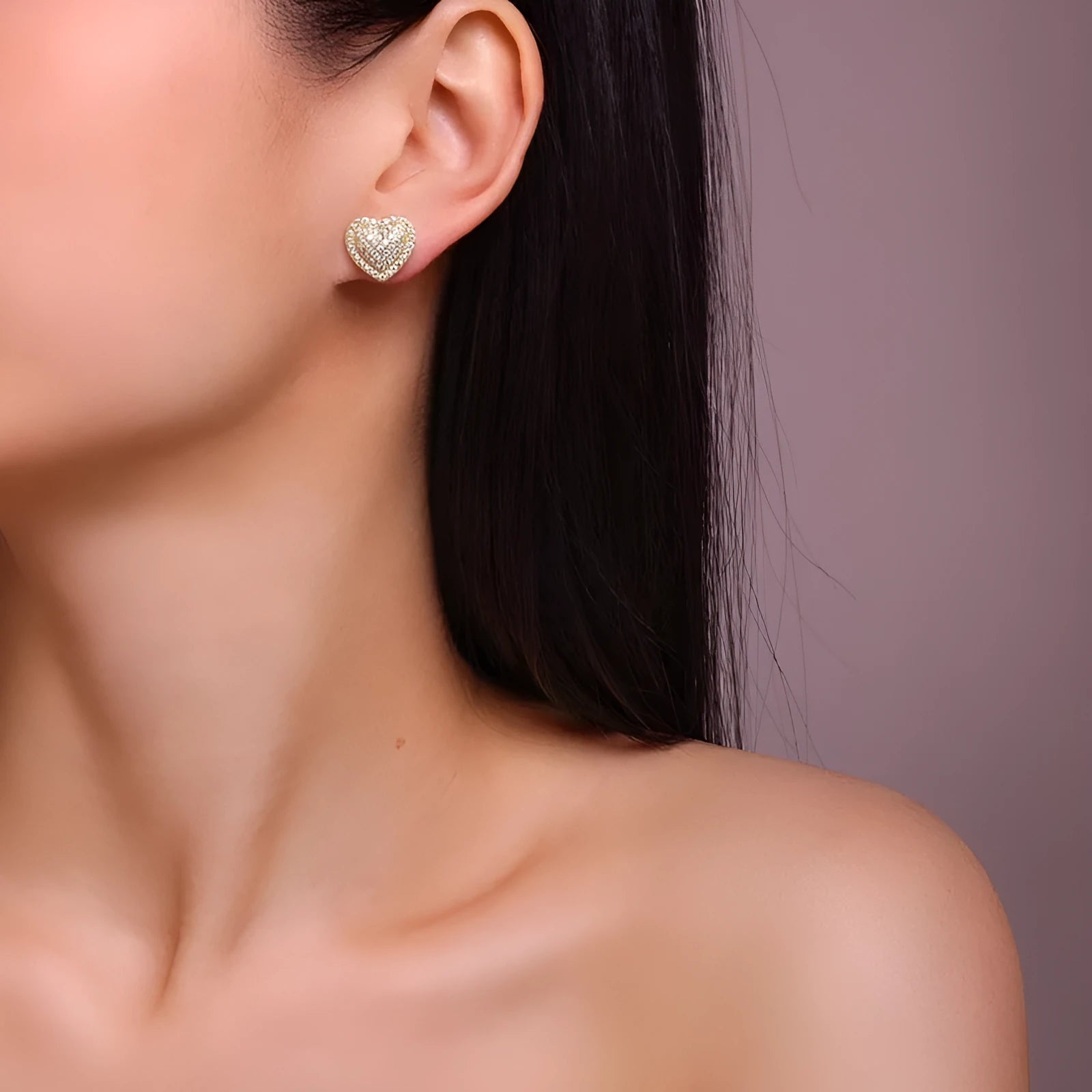 Golden heart-shaped stud earrings with moissanite stones on S925 silver