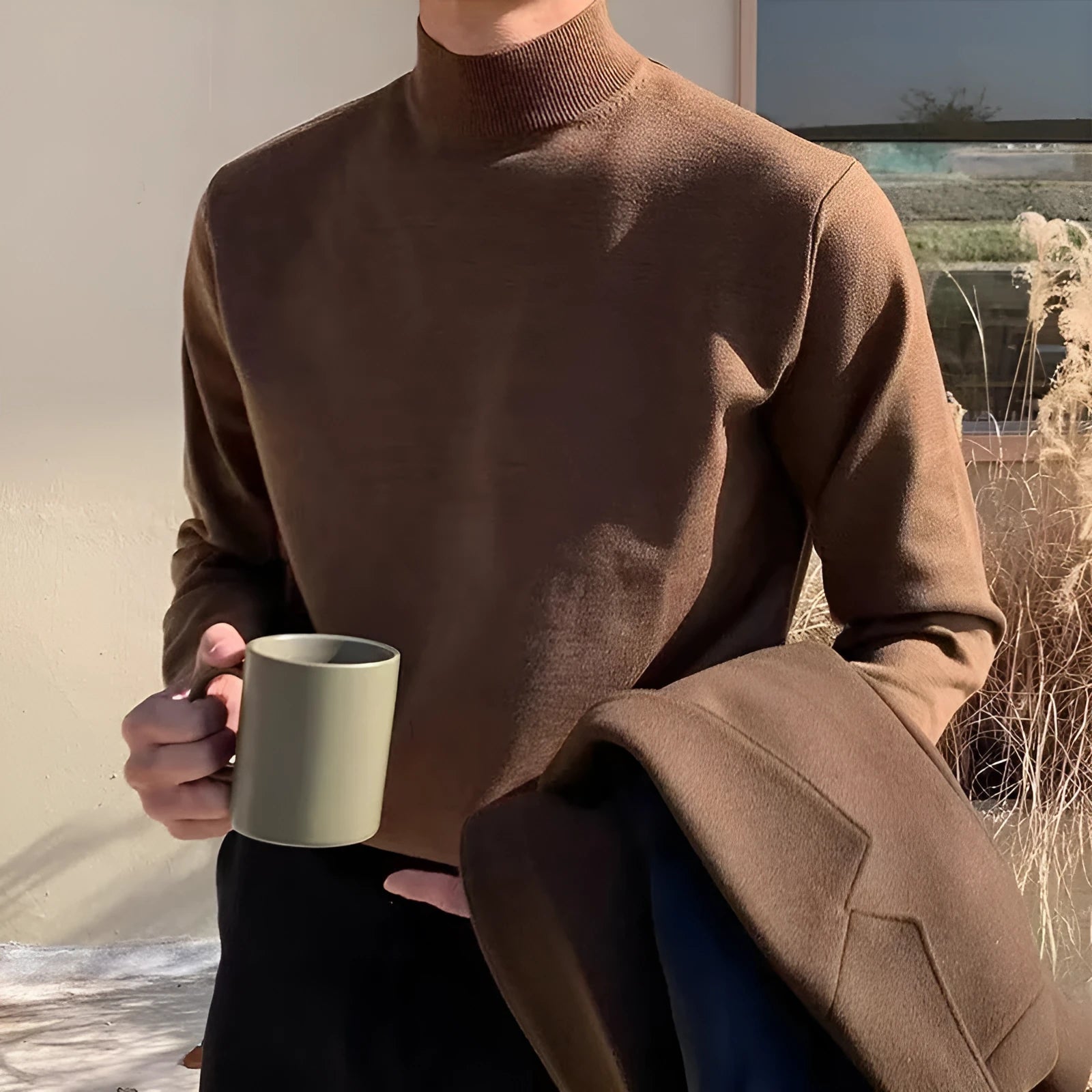 Korean men's cotton mock neck sweater long sleeve loose fit pullover in black