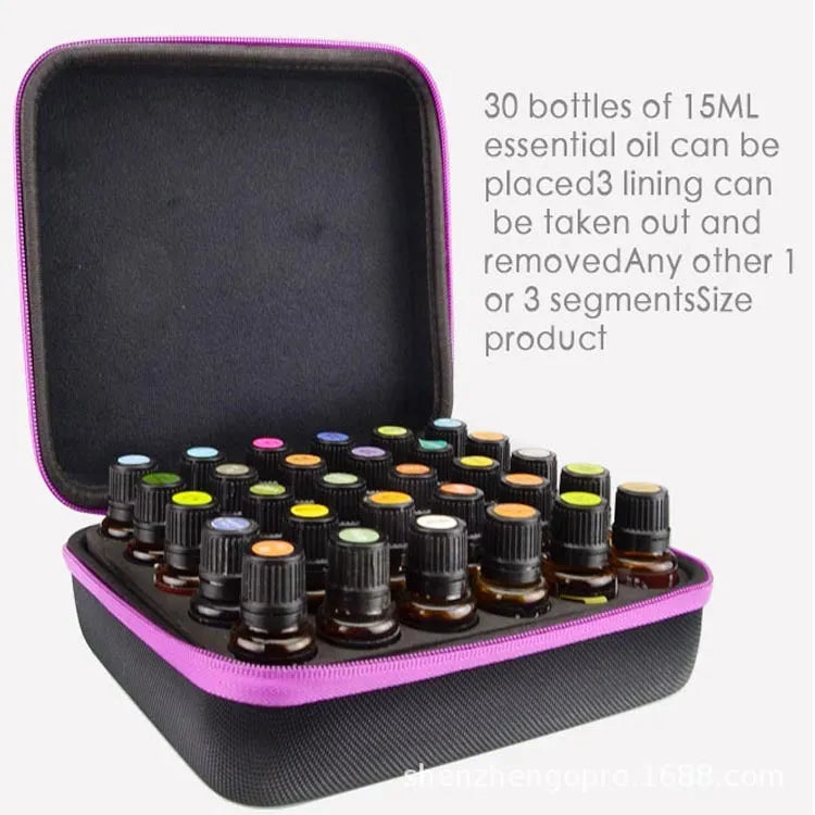 Red EVA cube-shaped essential oil storage bag with 30 compartments and a zipper, shown wall-mounted.