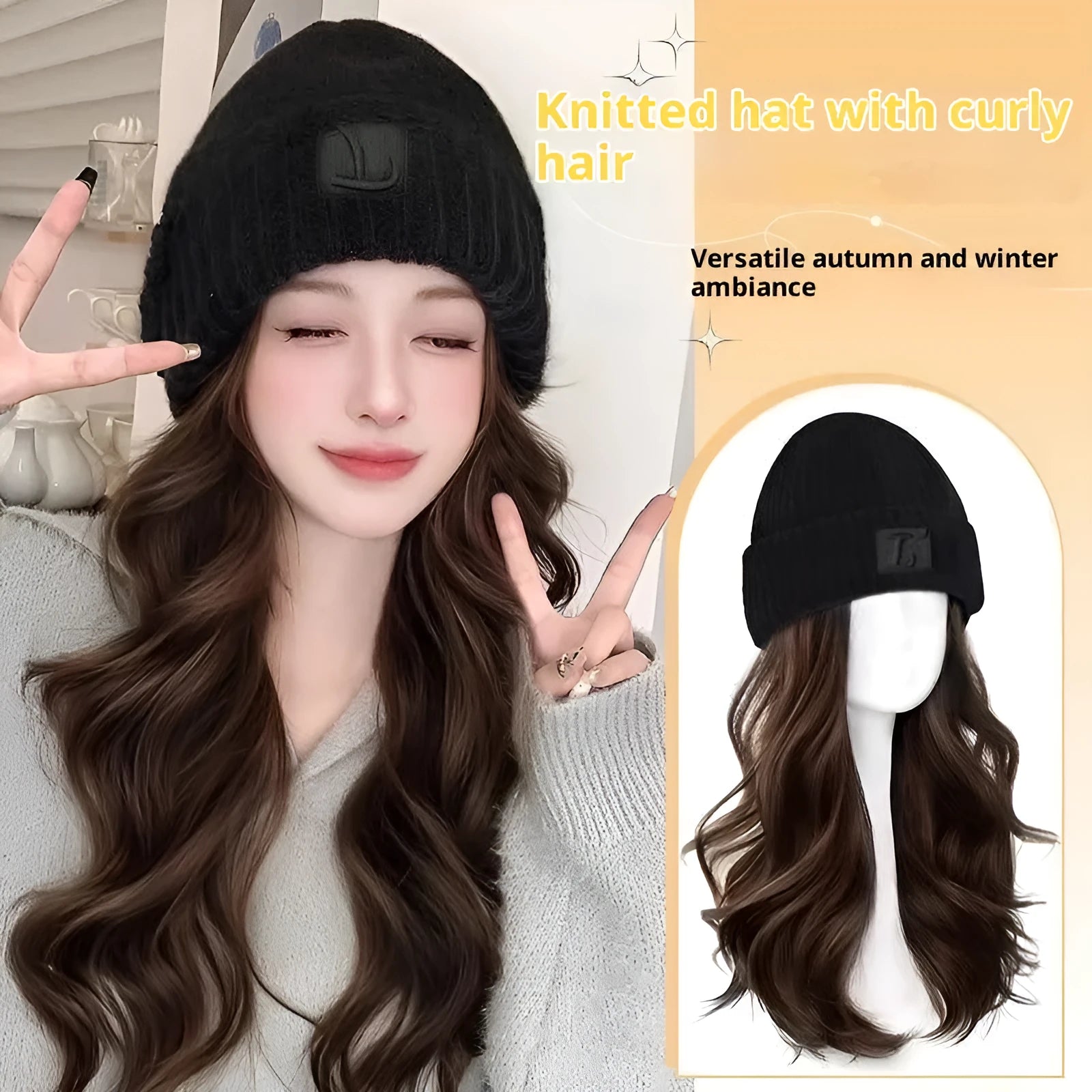 Hat wig for women with big wave curls in brown black colour, protein filament hair on mannequin