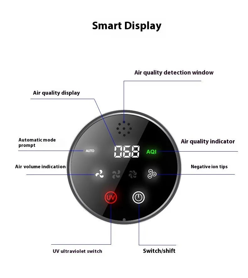 Black rectangular car air purifier with a USB cable, dimensions 68 by 187mm.