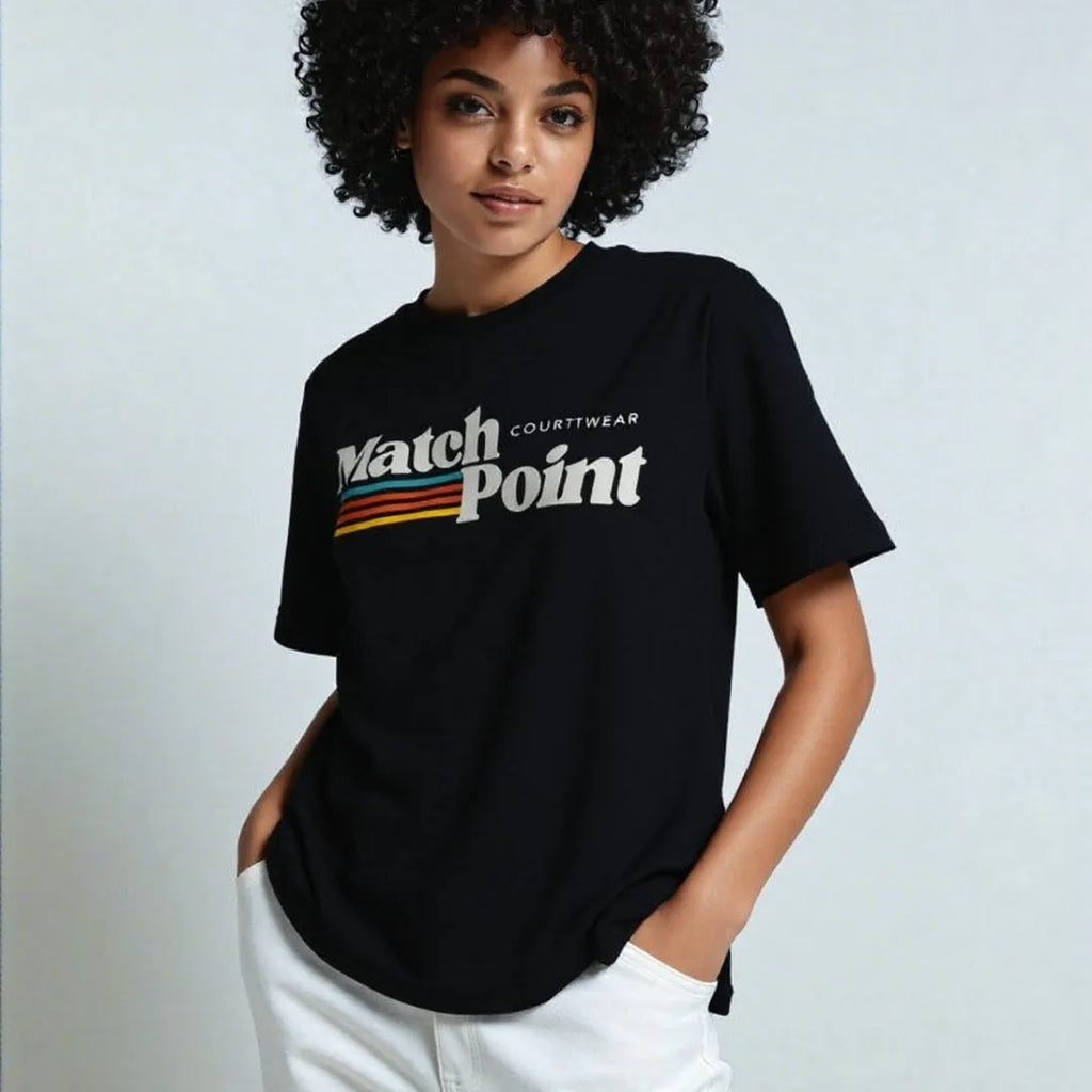 Black men's T-shirt with a 3D digital printed text pattern on the front.