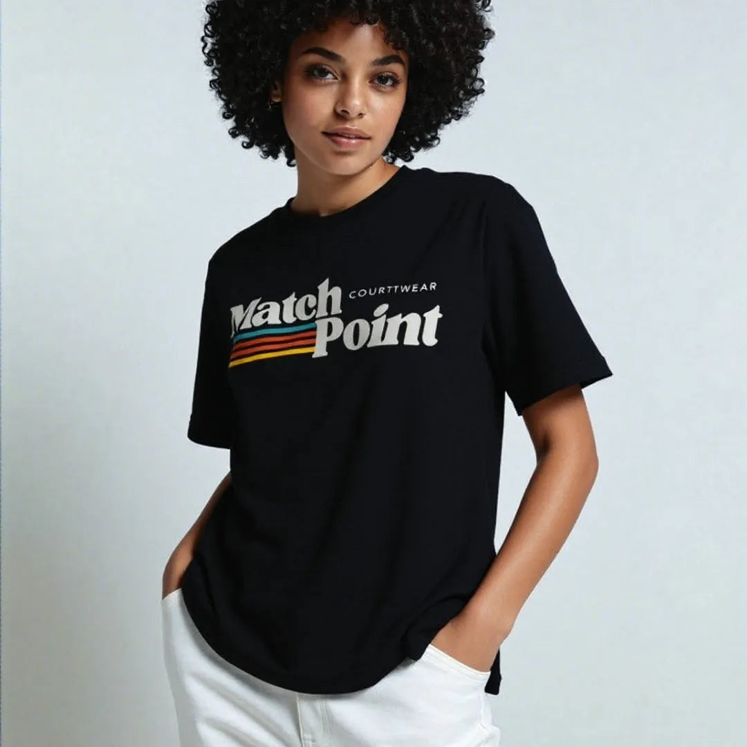 Black men's T-shirt with a 3D digital printed text pattern on the front.