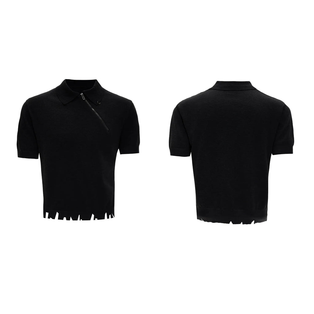 Men's black slim-fit knitted polo shirt with an oblique diagonal zipper on the lapel collar.