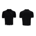 Men's black slim-fit knitted polo shirt with an oblique diagonal zipper on the lapel collar.