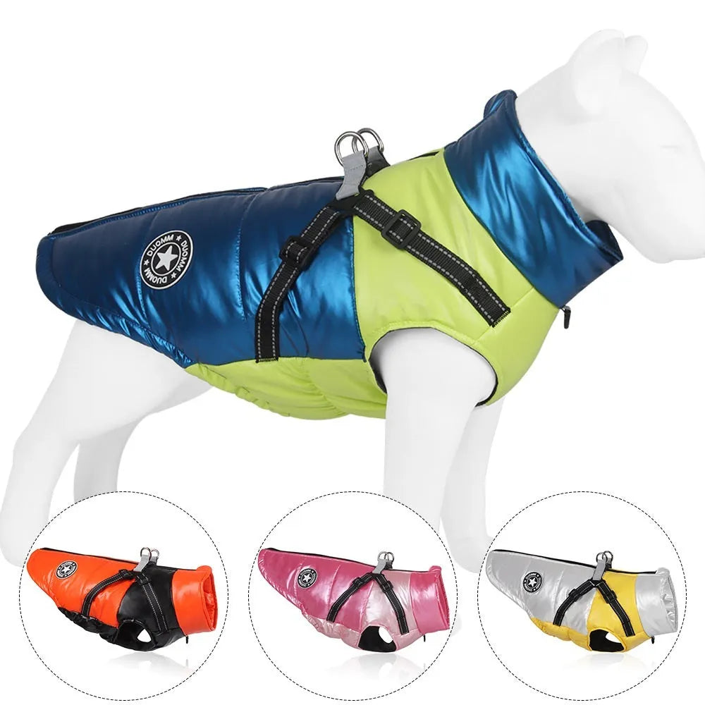 Windproof warm reflective dog coat cotton pet clothing in black on a white background