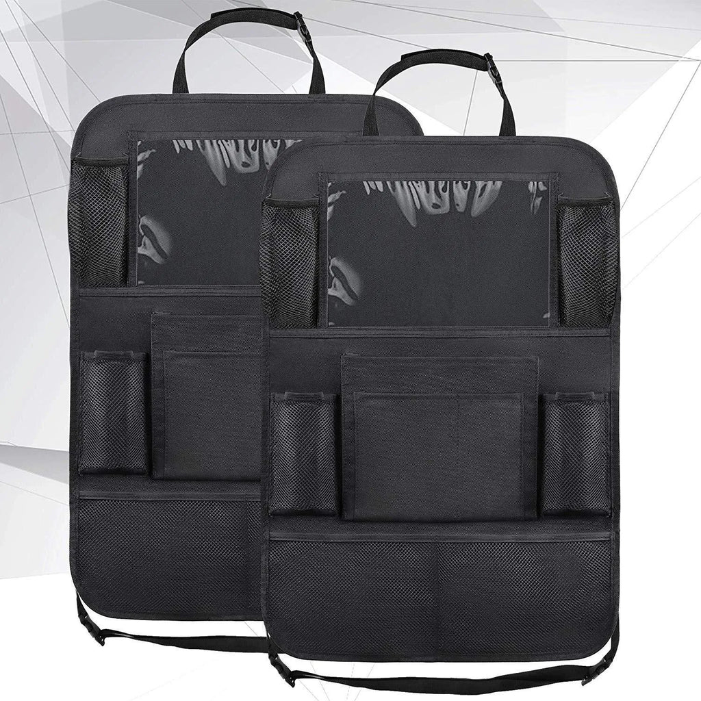 Black car seat back storage pouch with 9 bags and touch screen iPad holder, 61x41cm, 600D Oxford cloth