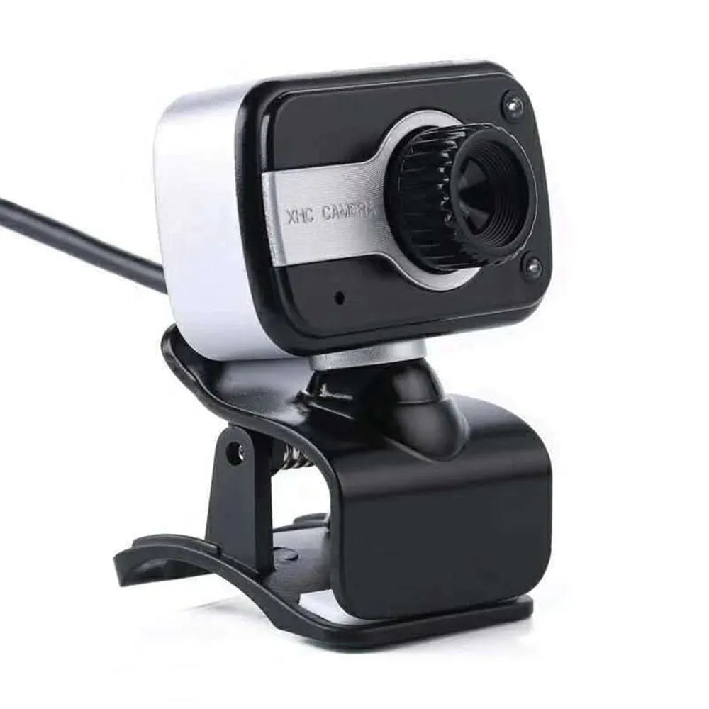 Blue mini USB webcam on a stand showing its 360-degree rotating base and focus ring.