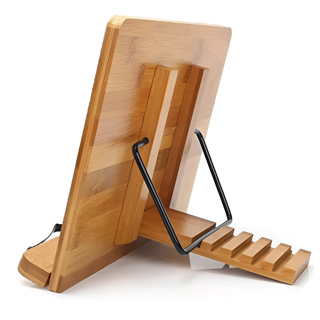 Solid wood bamboo hollow reading frame in Glossy finish, size M 34x24 cm, on a desk holding an open book