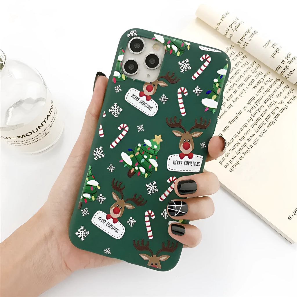 Green TPU phone case with cartoon Christmas elk, Christmas tree, and striped design for Apple iPhone.