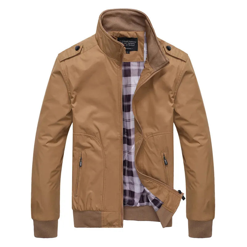 Men's casual jacket with stand-up collar, zipper front, and ribbed hem in five colour options