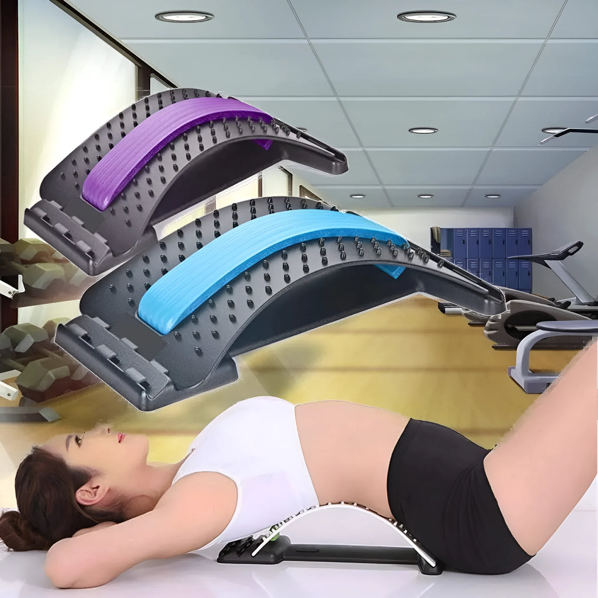 Lumbar stretcher with 10 magnetic points and 96 plastic pins, adjustable stretch, ABS and NBR build, multiple colours