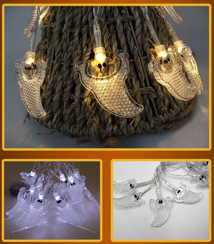 Halloween battery LED string lights with pumpkin, bat, and ghost pendants on a 1.2m waterproof string.